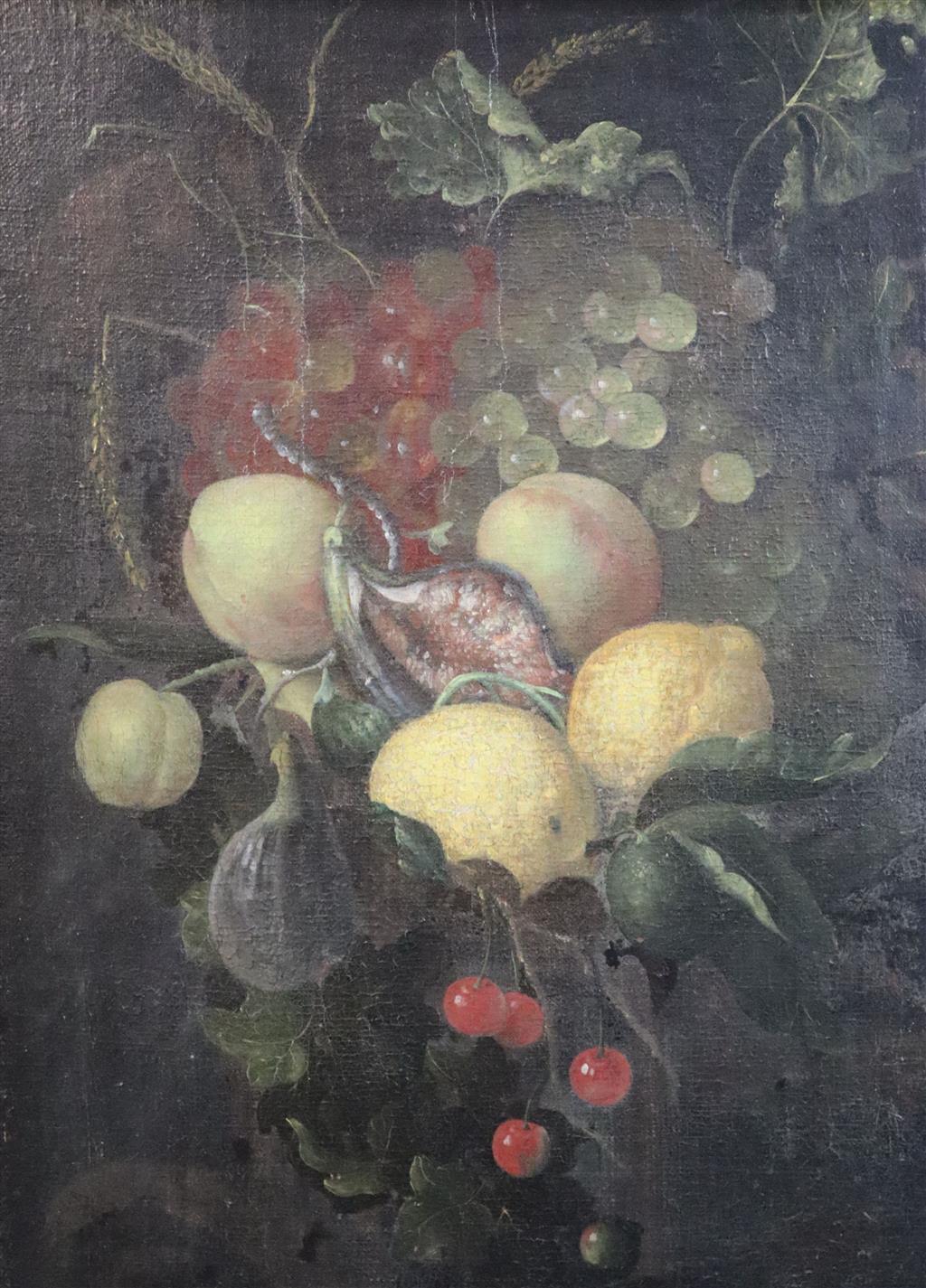 17th century Dutch school Still life of figs, lemons, plums, grapes and cherries 21 x 16in.